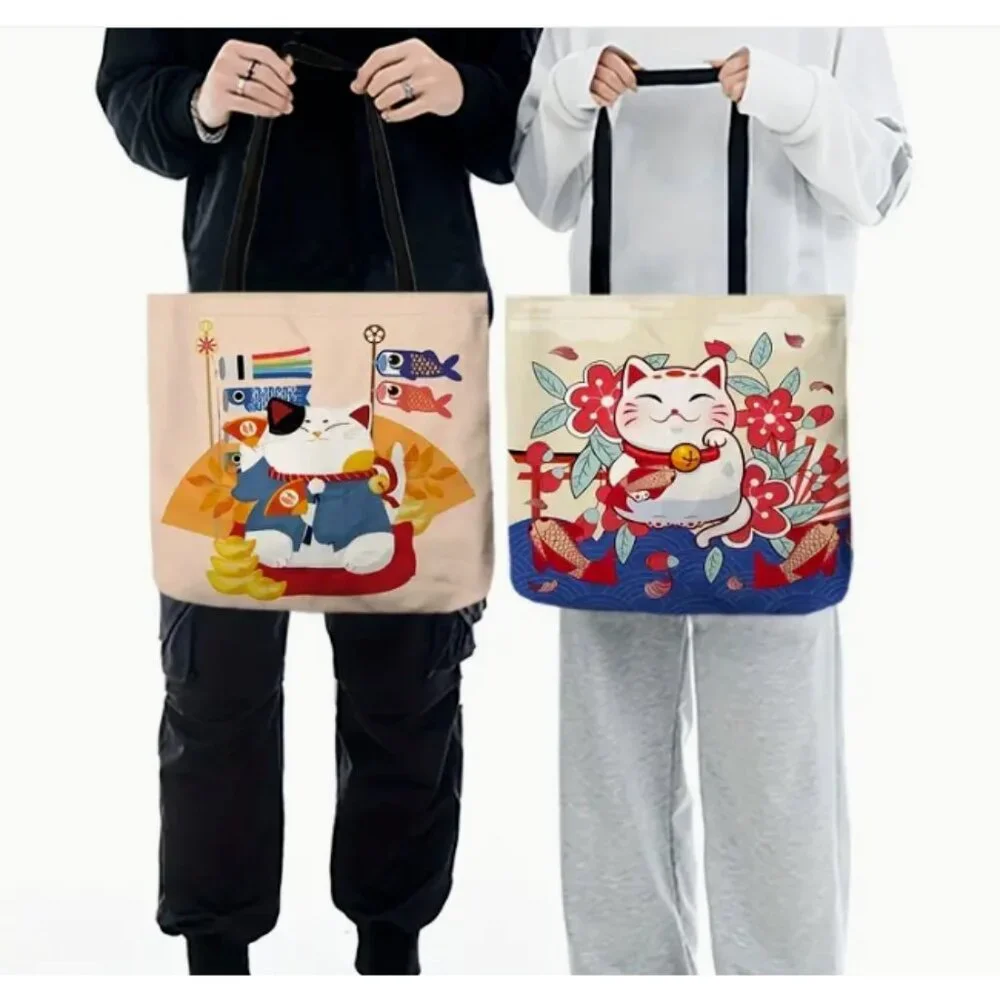 Waving Lucky Hello Cat Kitty Canvas Bag Large Purse Handbag 15.7" - Picture 2 of 5